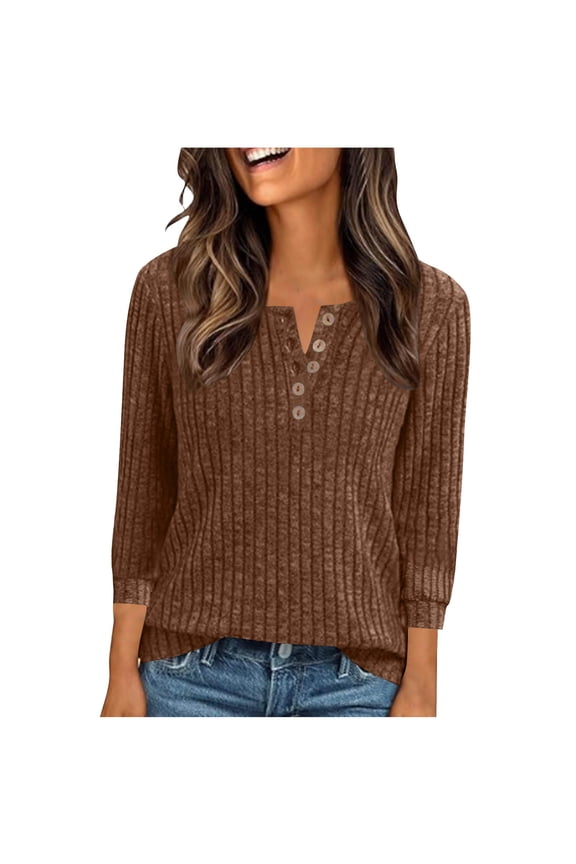 Sweaters for Women Notch V Neck 3/4 Sleeve Knit Pullover Tops Trendy Work Button Up Blouses