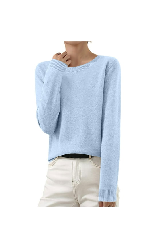 Sweaters for Women Thin Lightweight Crewneck Long Sleeve Plain Knitted Tops Soft Loose Basic Clothes