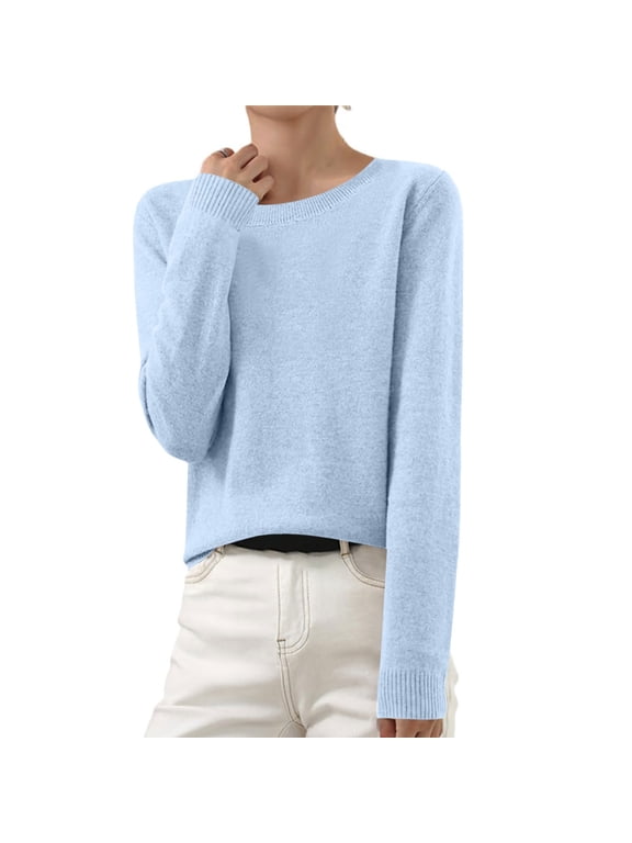 Sweaters for Women Thin Lightweight Crewneck Long Sleeve Plain Knitted Tops Soft Loose Basic Clothes