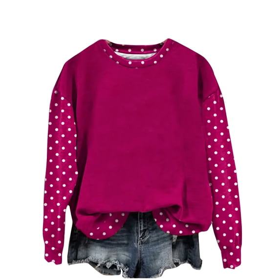 FAIWAD Sweatshirt for Women Crewneck Long Sleeve Polka Dot Print Pullover Tops Loose Drop Shoulder Clothes