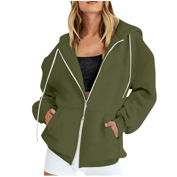 FAIWAD Sweatshirt for Women Long Sleeve Two Way Zip Up Oversized Hoodies with Drawstring Outdoor Casual Jackets