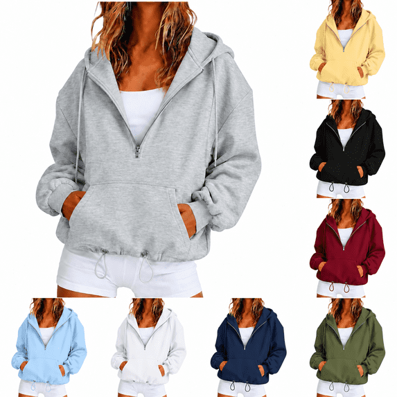 FAIWAD Sweatshirts for Women Half Zip Long Sleeve Hooded Pullover with Pocket Drawstring Hem Casual Hoodies