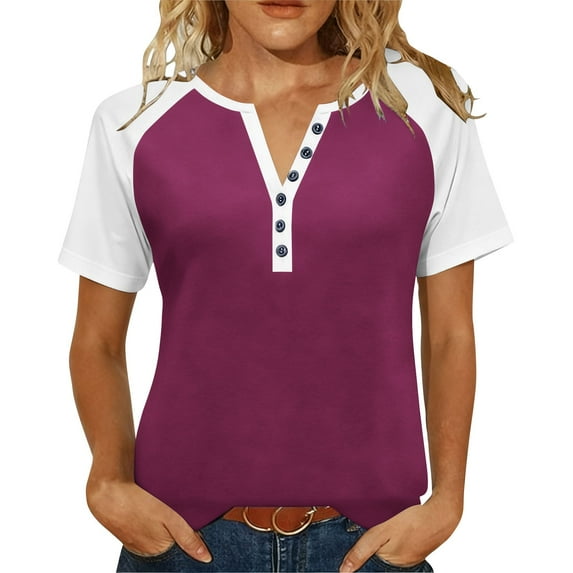 FAIWAD T Shirts for Women Short Sleeve Crew Neck Button Up Tops Summer Workout Blouses