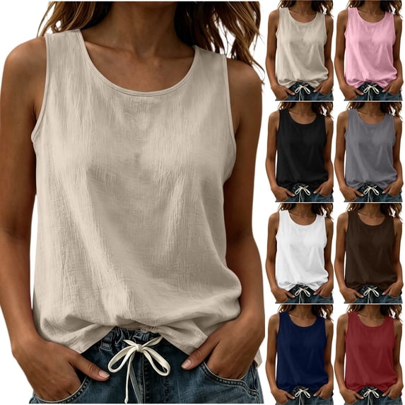 FAIWAD Tank Tops for Women Crew Neck Sleeveless Side Split Linen Shirts Casual Summer Beach Vacation Blouses