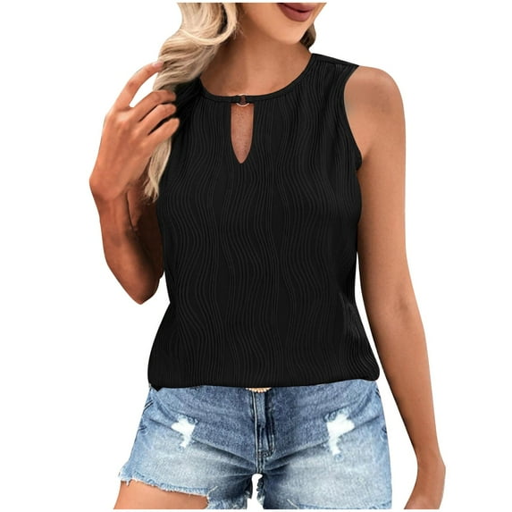 FAIWAD Textured Sleeveless Tank Tops for Women Cutout Round Neck Vests Summer Solid Color Basic Tshirt