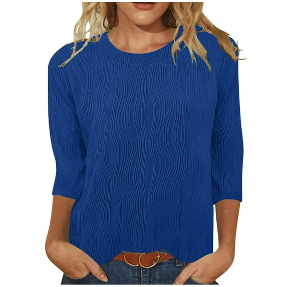 FAIWAD Textured Tops for Women Summer 3/4 Sleeve Shirts Casual Crewneck Blouse Solid Color Basic T-Shirts