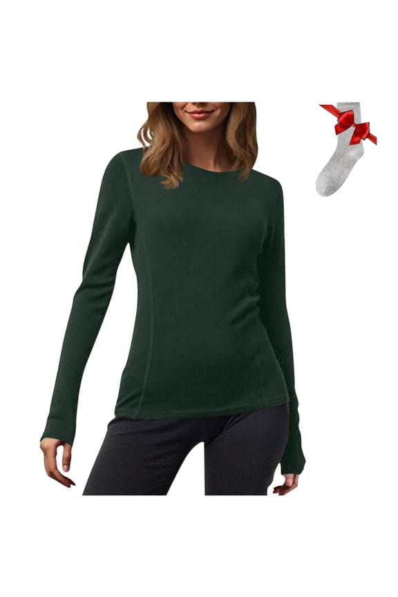 Thermal Shirts for Women Long Sleeve Crew Neck Layering Tops Slim Fitted Stretch Undershirts with Socks
