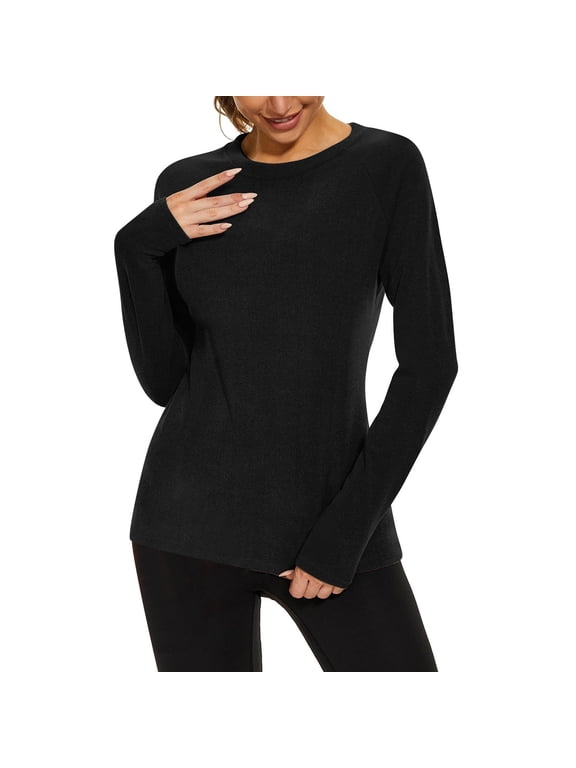 Thermal Underwear for Women Fleece Lined Crew Neck Long Sleeve Tops Lightweight Layering Undershirts