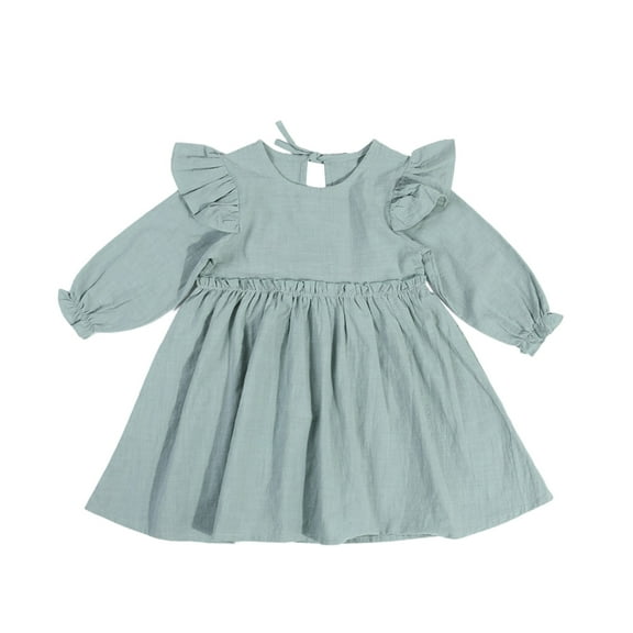 FAIWAD Toddler Baby Girl Cotton Linen Dress Ruffle Long Sleeve Solid Color Casual Spring Dresses