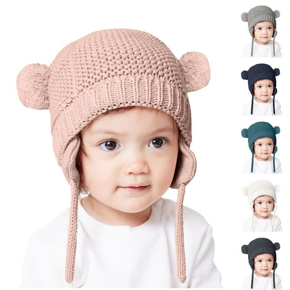 FAIWAD Toddler Baby Winter Warm Beanie Kids Boys Girls Fleece Lined Earflaps Knitted Hats with Pom