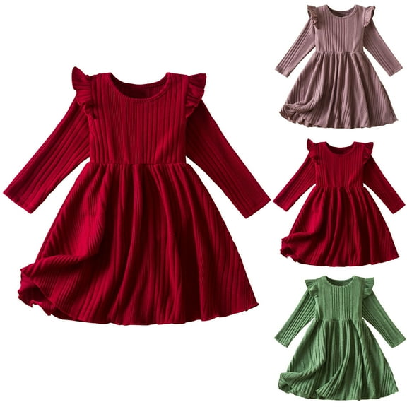 FAIWAD Toddler Girl Christmas Dress Kids Ribbed Knit Sweater Dresses Ruffle Long Sleeve A-Line Fall Winter Dresses