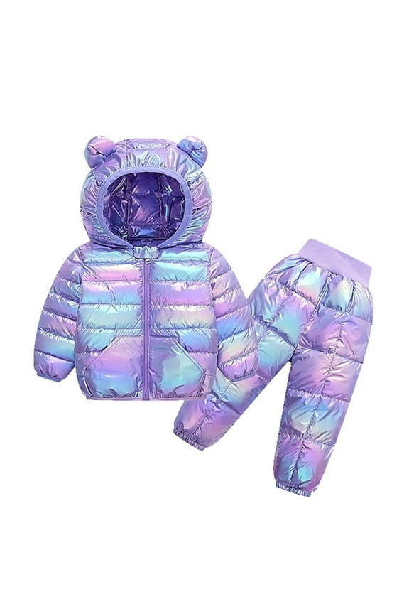 Toddler Girls Boys Warm Snowsuit Thicken 2 Piece Outfits Shiny Puffer Hoodie Coat and Pants Unisex Winter Outfits