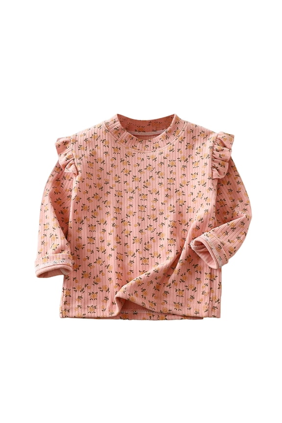Toddler Girls Long Sleeve Tops Crewneck Floral Print T-Shirts Thin Fleece Ruffle Tees 1-10 Years