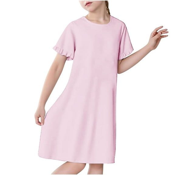FAIWAD Toddler Girls Nightgown Sleepwear Ruffle Sleeve Dresses Kids Summer Crewneck A Line Casual Pajama Dress Loungewear, 3-12Y
