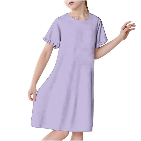 FAIWAD Toddler Girls Nightgown Sleepwear Ruffle Sleeve Dresses Kids Summer Crewneck A Line Casual Pajama Dress Loungewear, 3-12Y