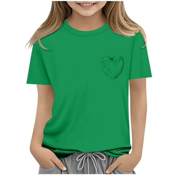 FAIWAD Toddler Girls Short Sleeve T Shirt Kids Heart Pocket Crewneck Solid Color Tops Summer Clothes for 5-15 Years