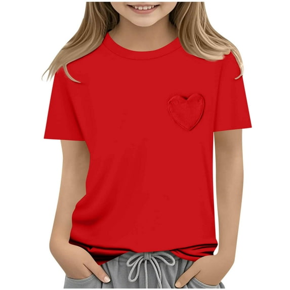 FAIWAD Toddler Girls Short Sleeve T Shirt Kids Heart Pocket Crewneck Solid Color Tops Summer Clothes for 5-15 Years