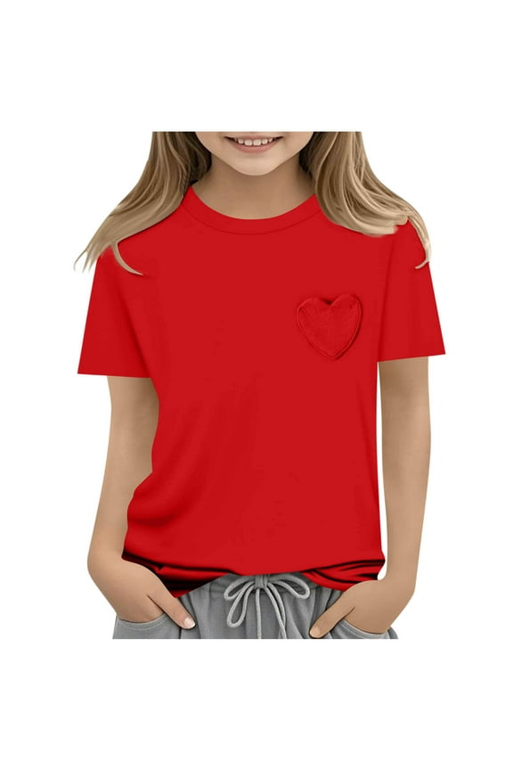 Toddler Girls Short Sleeve T Shirt Kids Heart Pocket Crewneck Solid Color Tops Summer Clothes for 5-15 Years
