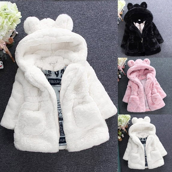 FAIWAD Toddler Girls Winter Fleece Plush Coat Kids Hooded Fuzzy Thicken Warm Outwear Jackets