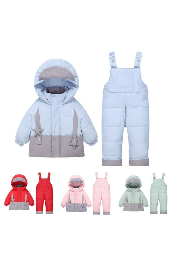 Toddler Snowsuit Winter Thicken Hooded Ski Set Puffer Down Jacket and Snow Ski Bib Pants Cute Warm 2 Piece Outfits