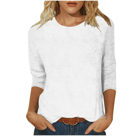 FAIWAD Tops for Women Trendy Casual Crew Neck 3/4 Length Sleeve Texture Shirts Basic Loose Daily Tshirts