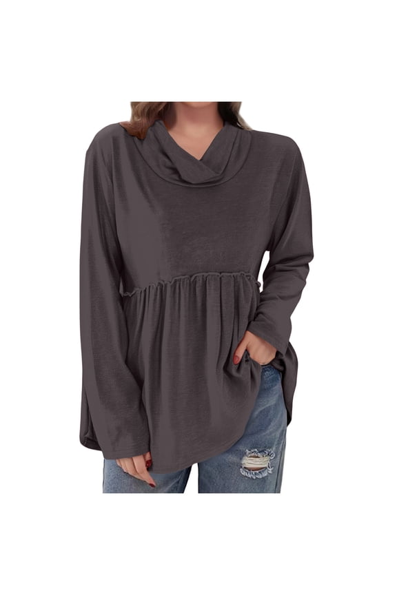 Tops for Women Trendy Long Sleeve Babydoll Shirts Dressy Casual Cowl Neck Peplum Blouse