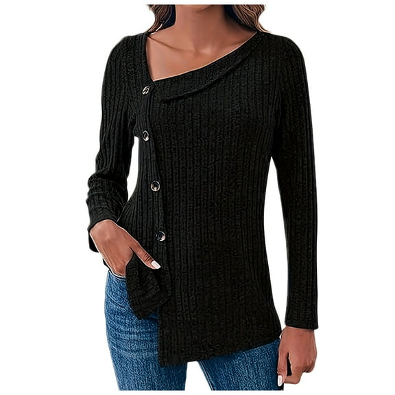 FAIWAD Tunic Tops for Womens Long Sleeve V Neck Button Split Irregular Hem Loose Pullover Tops