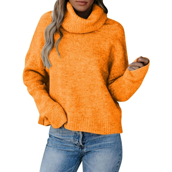 FAIWAD Turtleneck Sweaters for Women Long Sleeve Knit Pullover Fall Winter Solid Color Loose Jumper Tops (Large, Yellow)