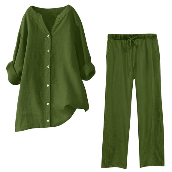 FAIWAD Two Piece Linen Sets for Women Summer Plus Size Long Sleeve Tops with Baggy Lounge Pants