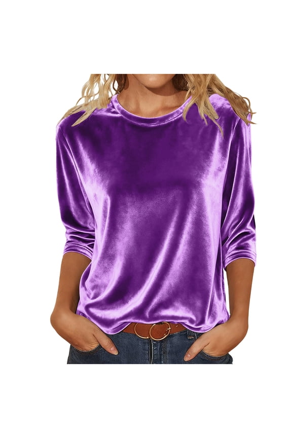 Velvet Tops for Women 3/4 Sleeve Round Neck Velour Shirts Trendy Casual Solid Color Blouses