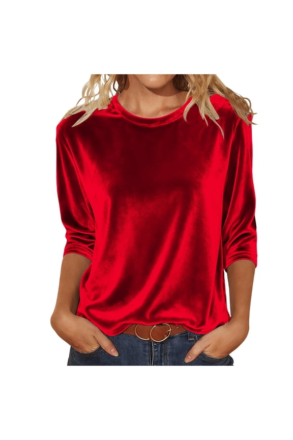 Velvet Tops for Women 3/4 Sleeve Round Neck Velour Shirts Trendy Casual Solid Color Blouses