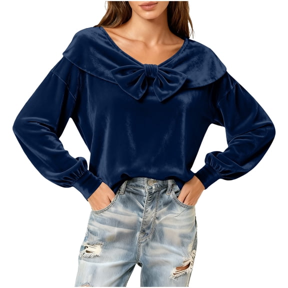 FAIWAD Velvet Tops for Women Bowknot Long Sleeve Dressy Casual Blouses Trendy Valentines Shirts