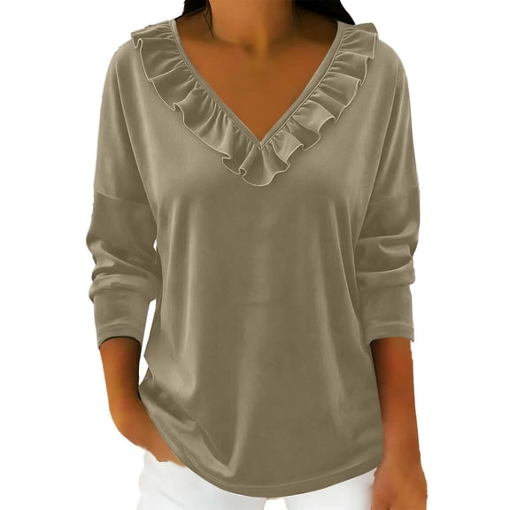 FAIWAD Velvet Tops for Women Dressy Casual V Neck Ruffle Hem Shirts Trendy Vintage Velour Blouse