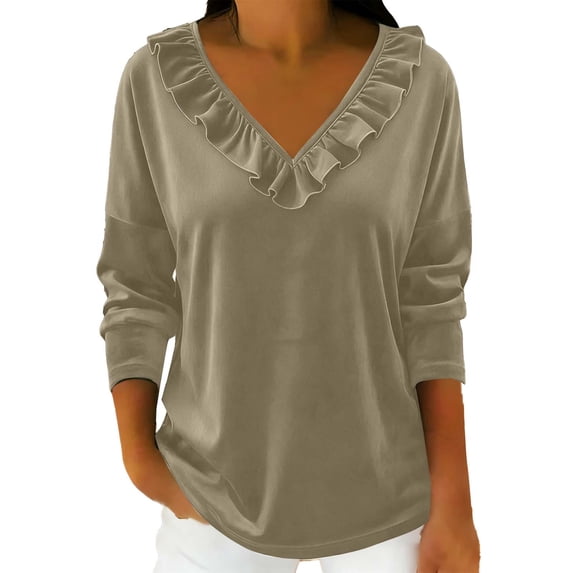 FAIWAD Velvet Tops for Women Dressy Casual V Neck Ruffle Hem Shirts Trendy Vintage Velour Blouse