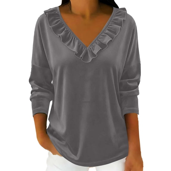 FAIWAD Velvet Tops for Women Dressy Casual V Neck Ruffle Hem Shirts Trendy Vintage Velour Blouse