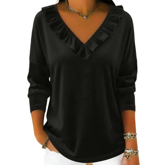 FAIWAD Velvet Tops for Women Dressy Casual V Neck Ruffle Hem Shirts Trendy Vintage Velour Blouse