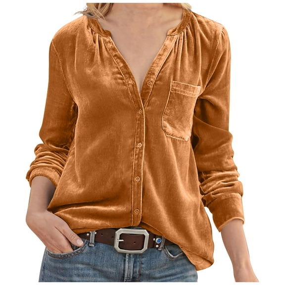 FAIWAD Vintage Velvet Tops for Womens Long Sleeve Button Trendy Elegant Dressy Casual Velour Shirts
