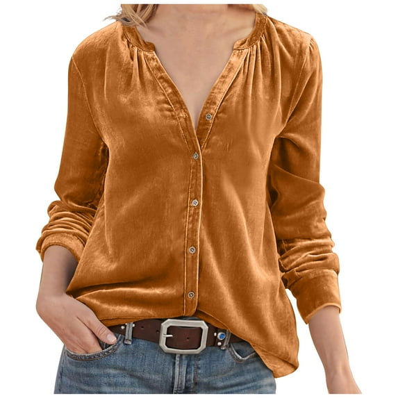 FAIWAD Vintage Velvet Tops for Womens Long Sleeve Button Trendy Elegant Dressy Casual Velour Shirts