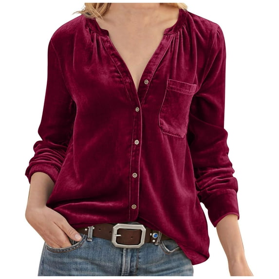 FAIWAD Vintage Velvet Tops for Womens Long Sleeve Button Trendy Elegant Dressy Casual Velour Shirts