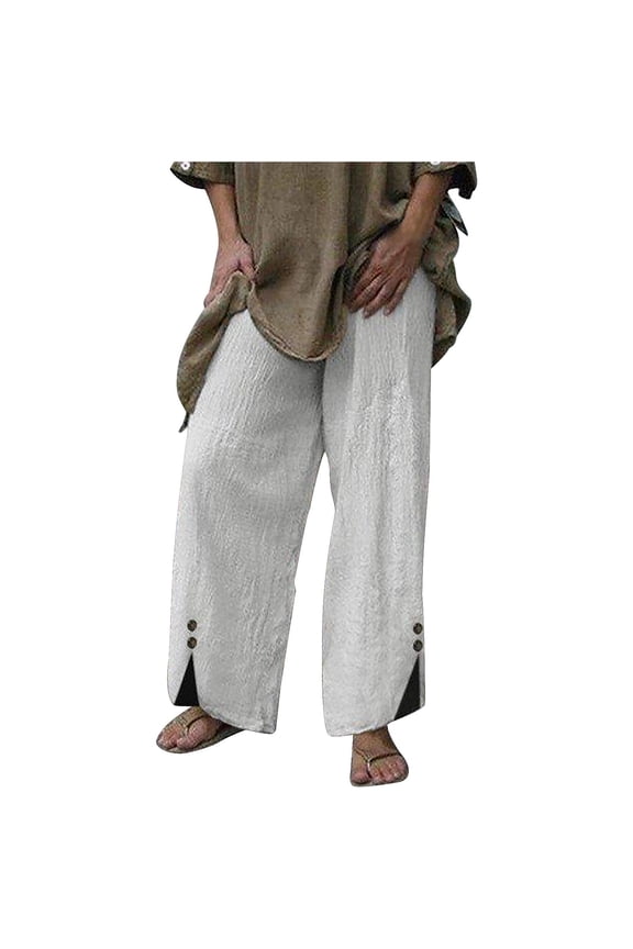 Wide Leg Flowy Pants for Women High Elastic Waist Button Side Split Trousers with Pockets (5X-Large, White)