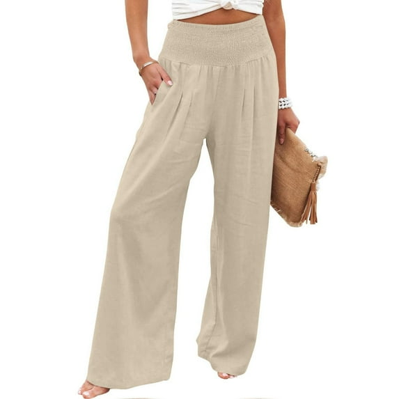 FAIWAD Wide Leg Pants for Women Elastic Waist Cotton Linen Trousers Ladies Elegant Lounge Pants with Pockets (4X-Large, Khaki)