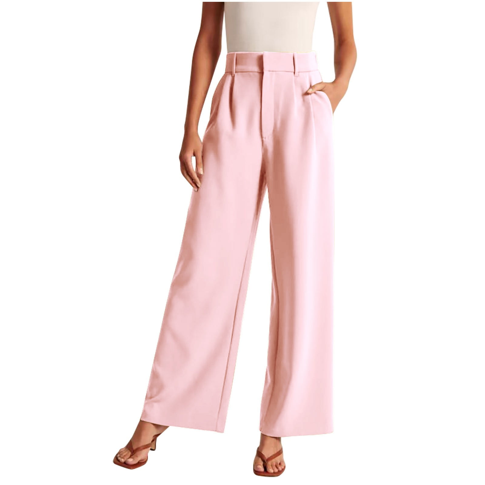 dress pants for small women Faiwad Wide Leg Suit High Waisted Elastic Pants Office Work Business Straight Pants (Small, Pink), Women's High Waisted Women's Work Petite Jeans &