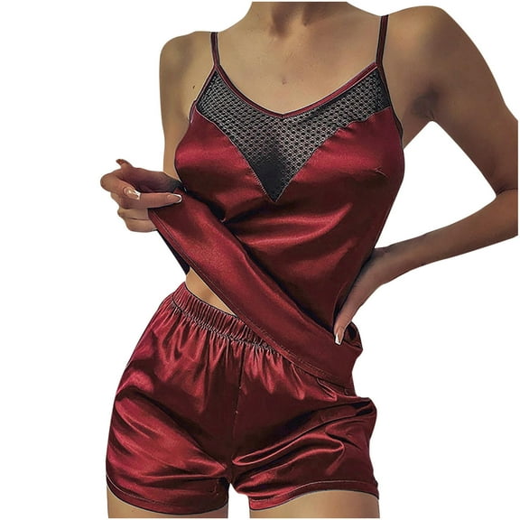 FAIWAD Women 2 Pajama Piece Sleeveless See Through Lace Camisoles and Elastic High Waist Shorts