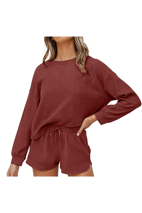 Women 2 Piece Outfits Long Sleeve Round Neck Top with Drawstring Shorts Pant Loungewear Tracksuit Set (Medium, Red)