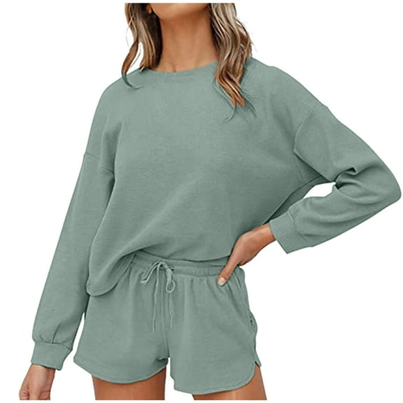 FAIWAD Women 2 Piece Outfits Long Sleeve Round Neck Top with Drawstring Shorts Pant Loungewear Tracksuit Set (XX-Large, Green)