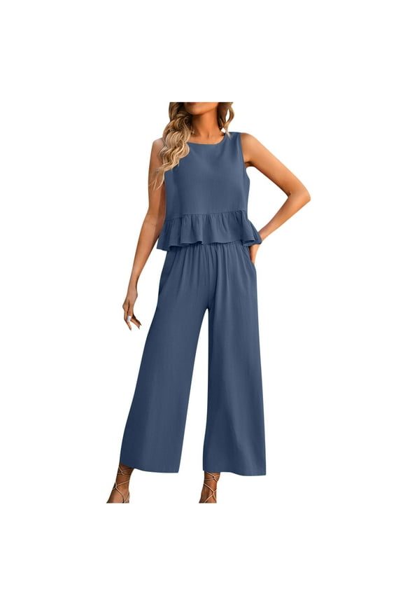 Women 2 Piece Outfits Ruffle Hem Sleeveless Vest Top and Wide Leg Pants Trendy Summer Sets