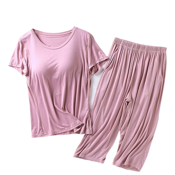 FAIWAD Women 2 Piece Sets Sleepwear Lounge Sets Short Sleeve Chest Pad Stretch Tops and Elastic Waist Cropped Pants
