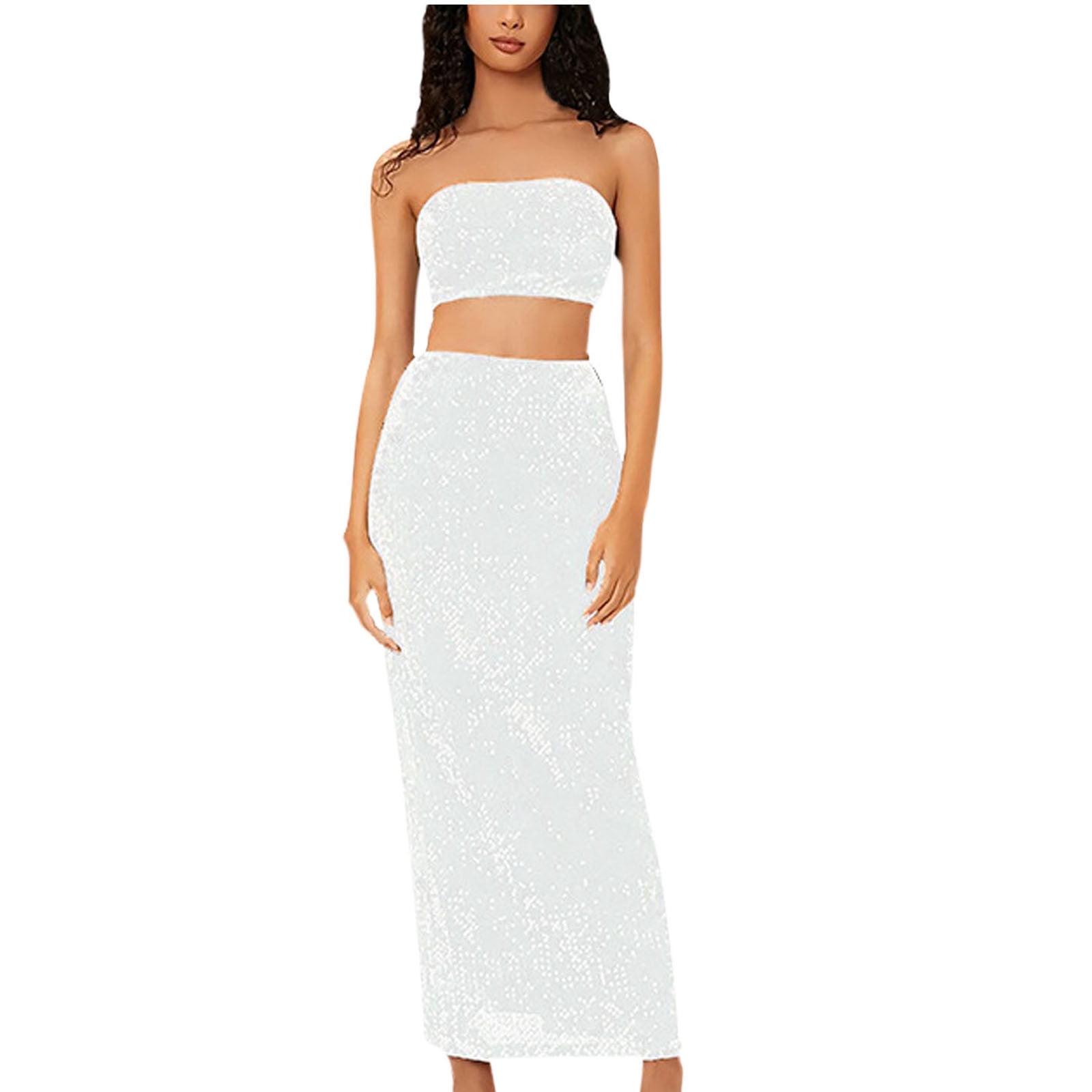Strapless Sequin Maxi Skirt, Tube Top & Scarf Set