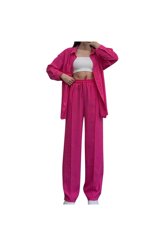 Women 2 Pieces Set Long Sleeve Button Down Lapel Shirt and Elastic High Waist Wide Leg Pants