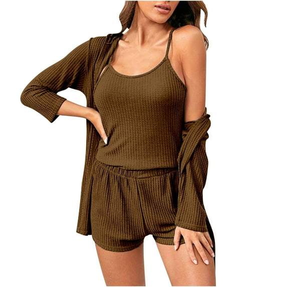 FAIWAD Women 3 Piece Lounge Sets Tank Top Wide Leg Short Pants Cardigan Jacket Loose Loungewear Pajamas Set